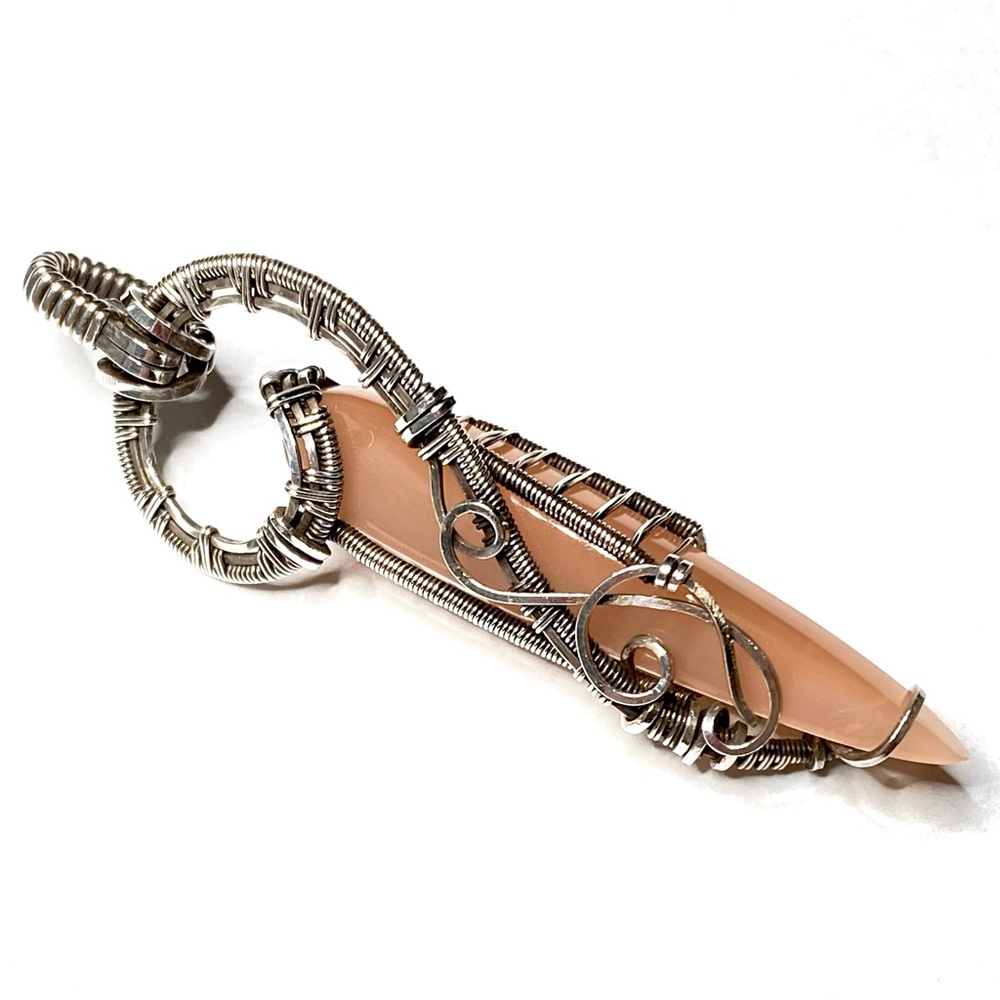 Sterling Silver 925 Wire Wrapped Point Cut Peach Moonstone Pendant 2 3/4 inch